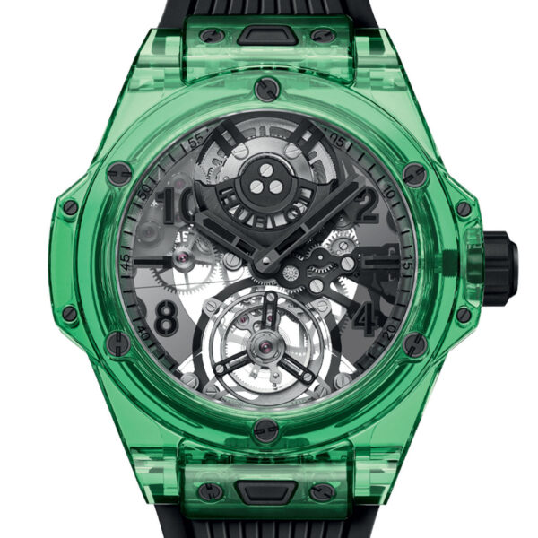 Unworn Hublot Big Bang Tourbillon Automatic Green SAXEM 44, 429.JG.0110.RT, box and papers