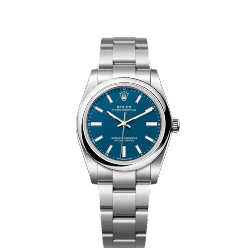 Unworn 2025, Rolex Oyster Perpetual, Oystersteel, 34mm, Blue dial, Domed Oyster, Ref# 124200-0011, box and papers