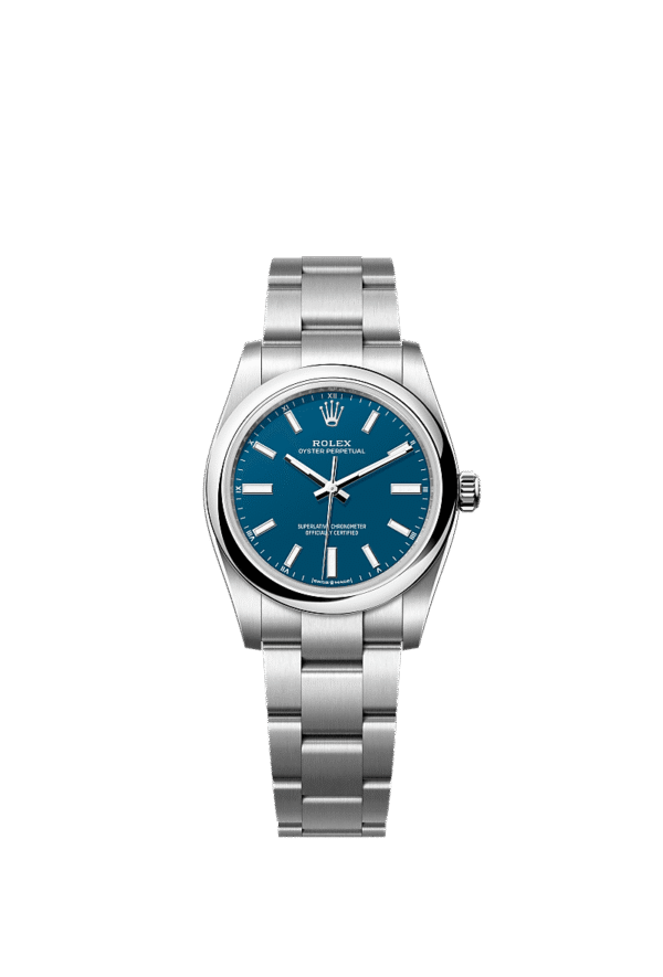 Unworn 2025, Rolex Oyster Perpetual, Oystersteel, 34mm, Blue dial, Domed Oyster, Ref# 124200-0011, box and papers
