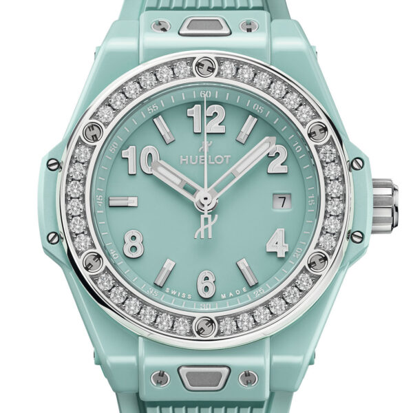 Unworn Hublot Big Bang One Click Mint Green Ceramic Diamonds 33, 485.GS.5271.RX.1204, box and papers