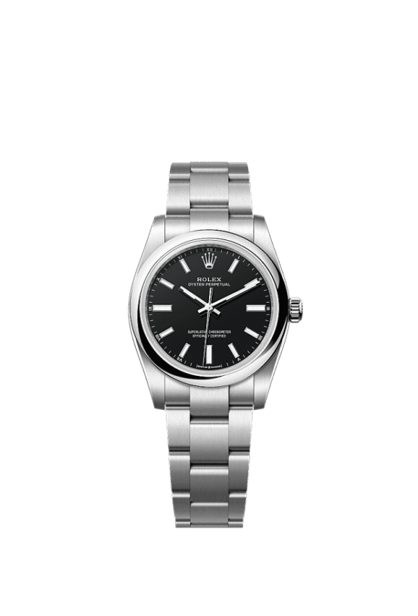 Unworn 2025, Rolex Oyster Perpetual, Oystersteel, 34mm, Black dial, Domed Oyster, Ref# 124200-0010, box and papers