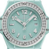 Unworn Hublot Big Bang One Click Mint Green Ceramic Diamonds 33, 485.GS.5271.RX.1204, box and papers