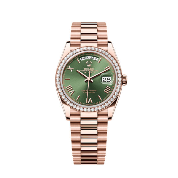 3bacaf84fc3af927c250c4da5b3dcb8eec5f5b95 Unworn 2025, Rolex Day-Date 36, 18k Everose Gold and Diamond-set, 36mm, Ref# 128345rbr-0085, box and papers