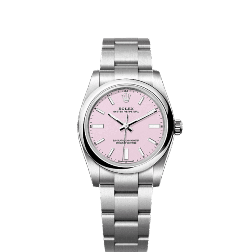 Unworn 2025, Rolex Oyster Perpetual, Oystersteel, 34mm, Candy pink dial, Domed Oyster, Ref# 124200-0009, box and papers