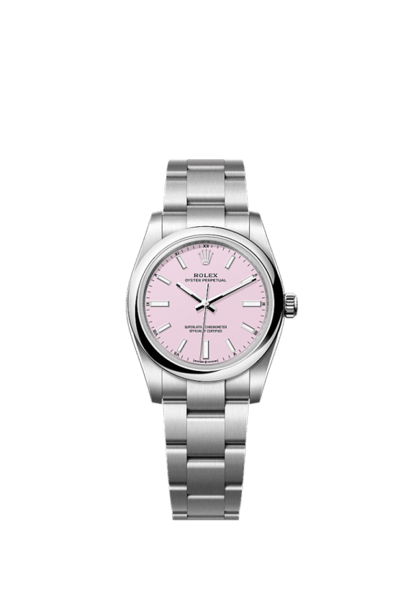Unworn 2025, Rolex Oyster Perpetual, Oystersteel, 34mm, Candy pink dial, Domed Oyster, Ref# 124200-0009, box and papers