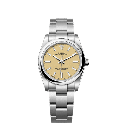 Unworn 2025, Rolex Oyster Perpetual, Oystersteel, 34mm, Beige dial, Domed Oyster, Ref# 124200-0007, box and papers