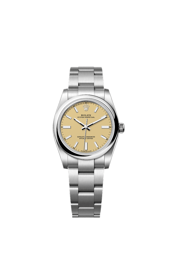 Unworn 2025, Rolex Oyster Perpetual, Oystersteel, 34mm, Beige dial, Domed Oyster, Ref# 124200-0007, box and papers