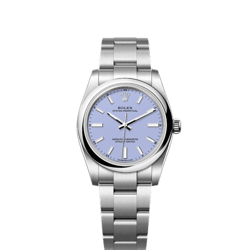 Unworn 2025, Rolex Oyster Perpetual, Oystersteel, 34mm, Lavender dial, Domed Oyster, Ref# 124200-0008, box and papers