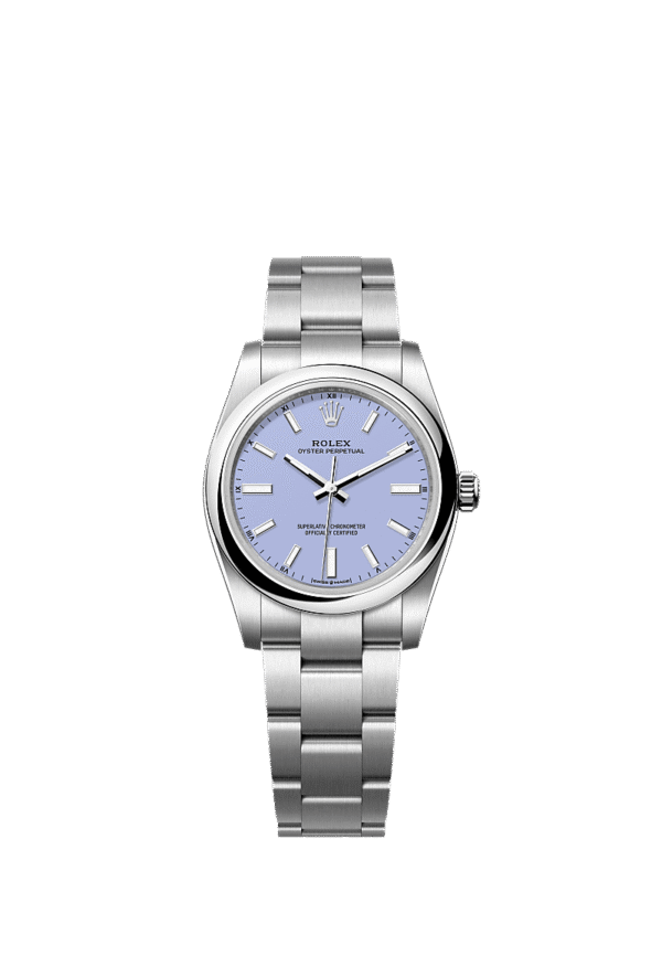 Unworn 2025, Rolex Oyster Perpetual, Oystersteel, 34mm, Lavender dial, Domed Oyster, Ref# 124200-0008, box and papers