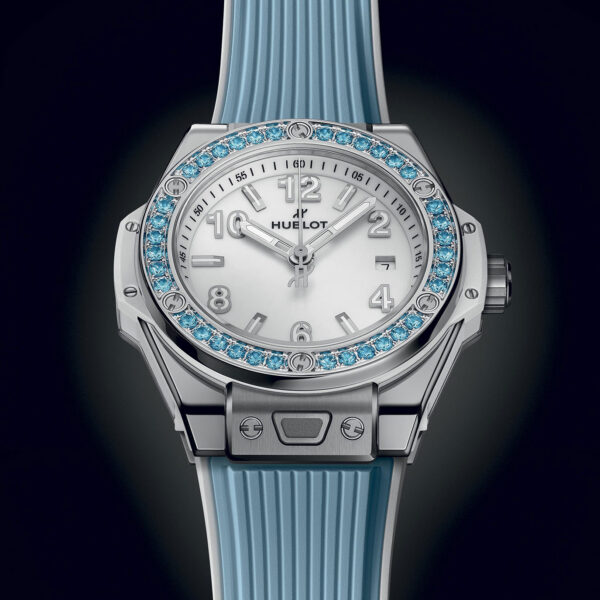 Unworn Hublot Big Bang One Click Joyful Steel Sky Blue 33, 485.SL.2210.RX.1207, box and papers