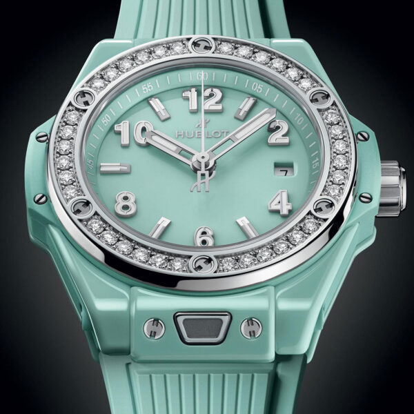 Unworn Hublot Big Bang One Click Mint Green Ceramic Diamonds 33, 485.GS.5271.RX.1204, box and papers