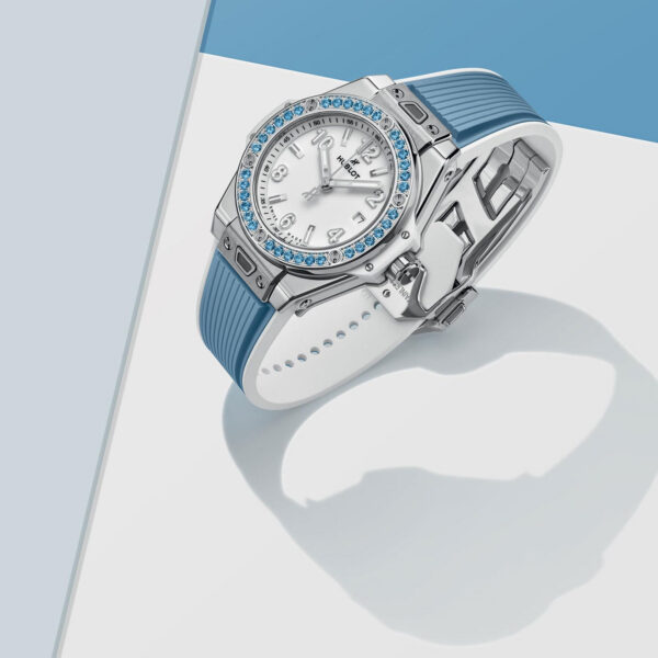 Unworn Hublot Big Bang One Click Joyful Steel Sky Blue 33, 485.SL.2210.RX.1207, box and papers