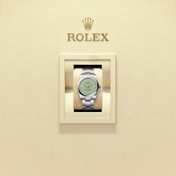 Unworn 2025, Rolex Oyster Perpetual, Oystersteel, 34mm, Pistachio-green dial, Domed Oyster, Ref# 124200-0006, box and papers