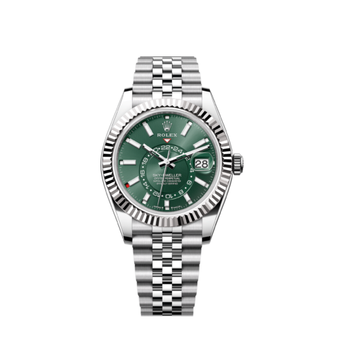 b4c5e1404bd51353b64c5f251b32963bc34e112d Rolex Sky-Dweller, 42mm, Oystersteel and 18k White Gold, Green, Jubilee, Ref# 336934-0002
