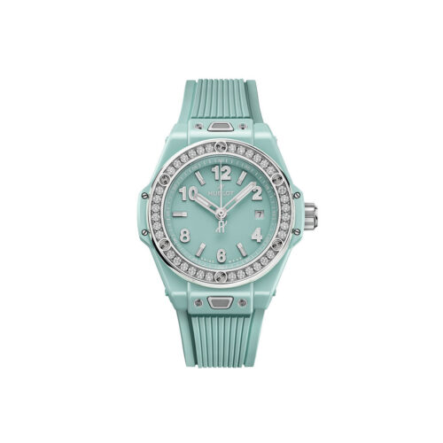 Unworn Hublot Big Bang One Click Mint Green Ceramic Diamonds 33, 485.GS.5271.RX.1204, box and papers