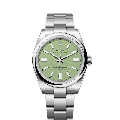 Unworn 2025, Rolex Oyster Perpetual, Oystersteel 41mm, Pistachio-green dial, Domed Oyster, Ref# 134300-0006, box and papers