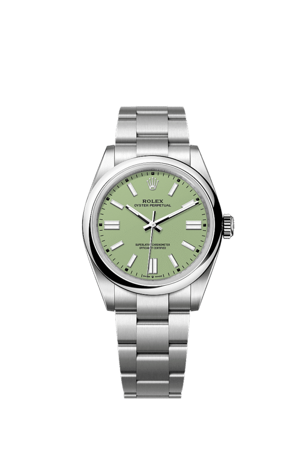 Unworn 2025, Rolex Oyster Perpetual, Oystersteel 41mm, Pistachio-green dial, Domed Oyster, Ref# 134300-0006, box and papers