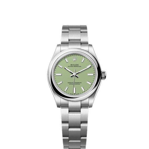 Unworn 2025, Rolex Oyster Perpetual, Oystersteel, 31mm, Pistachio-green dial, Domed Oyster, Ref# 277200-0012, box and papers