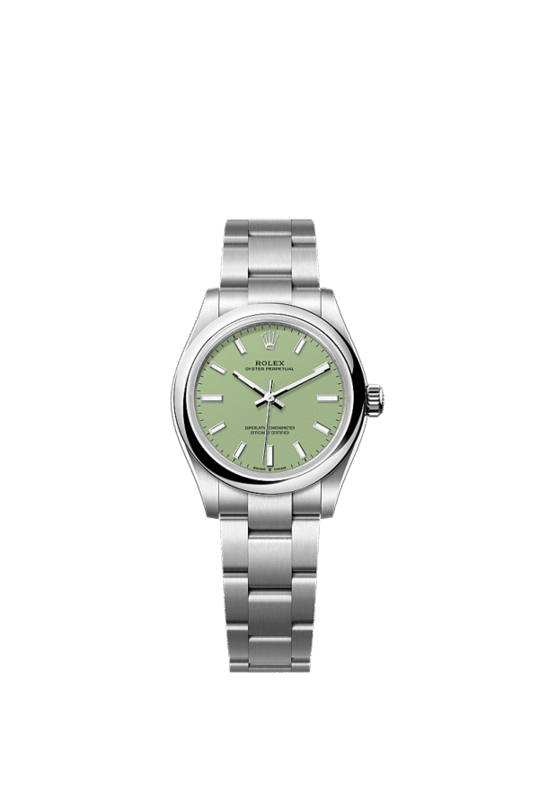 Unworn 2025, Rolex Oyster Perpetual, Oystersteel, 31mm, Pistachio-green dial, Domed Oyster, Ref# 277200-0012, box and papers