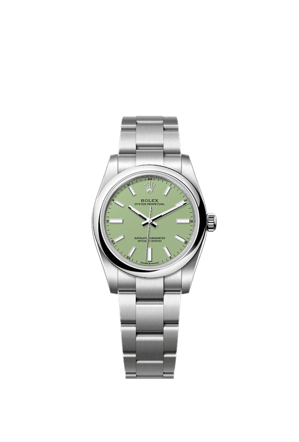 Unworn 2025, Rolex Oyster Perpetual, Oystersteel, 34mm, Pistachio-green dial, Domed Oyster, Ref# 124200-0006, box and papers