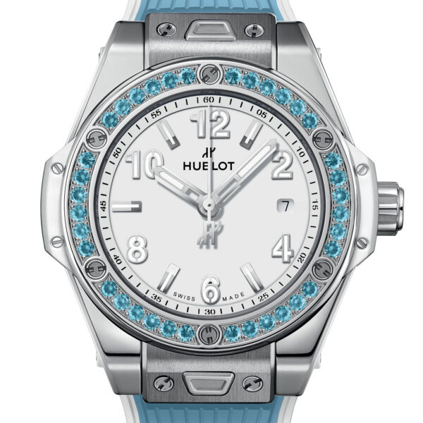 Unworn Hublot Big Bang One Click Joyful Steel Sky Blue 33, 485.SL.2210.RX.1207, box and papers