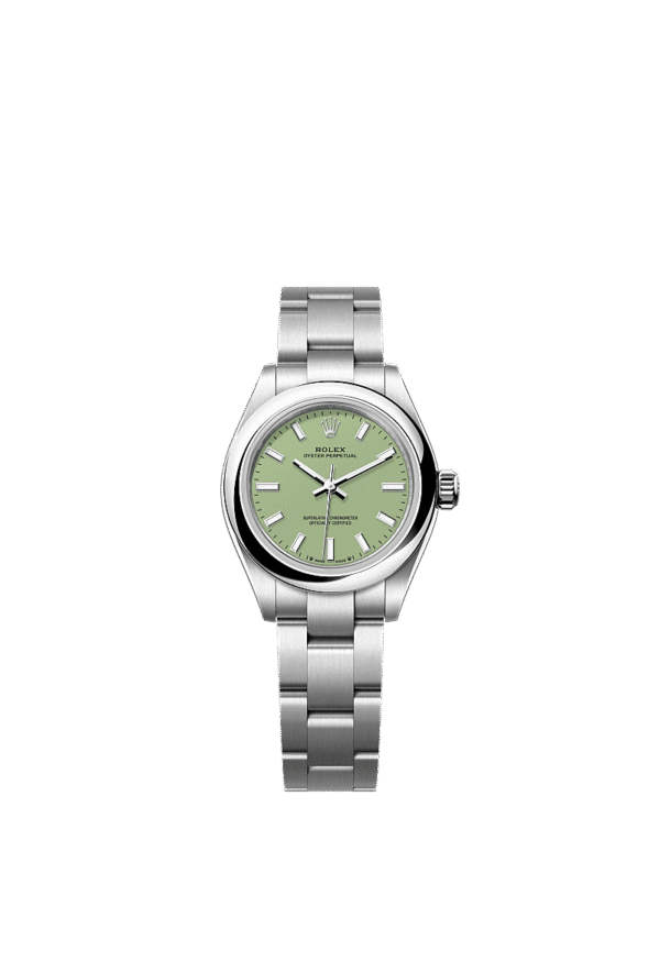 Unworn 2025, Rolex Oyster Perpetual, Oystersteel, 28mm, Pistachio-green dial, Domed Oyster, Ref# 276200-0006, box and papers