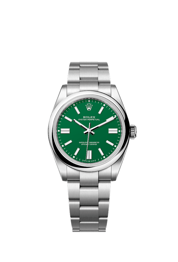 Unworn 2025, Rolex Oyster Perpetual, Oystersteel 41mm, Green dial, Domed Oyster, Ref# 134300-0004, box and papers