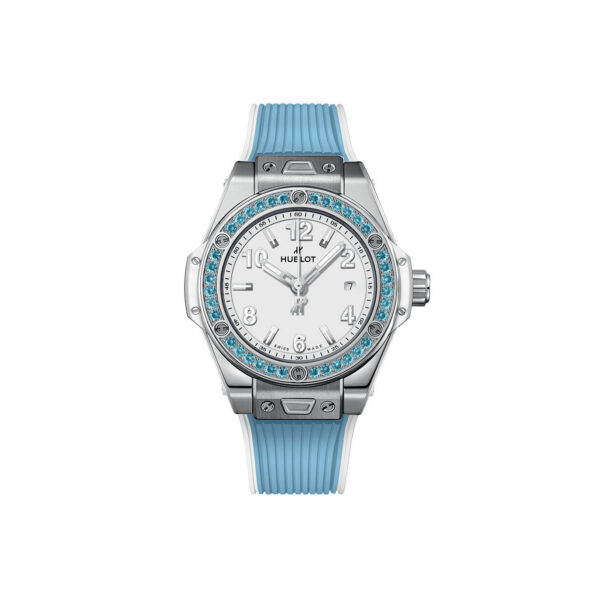 Unworn Hublot Big Bang One Click Joyful Steel Sky Blue 33, 485.SL.2210.RX.1207, box and papers