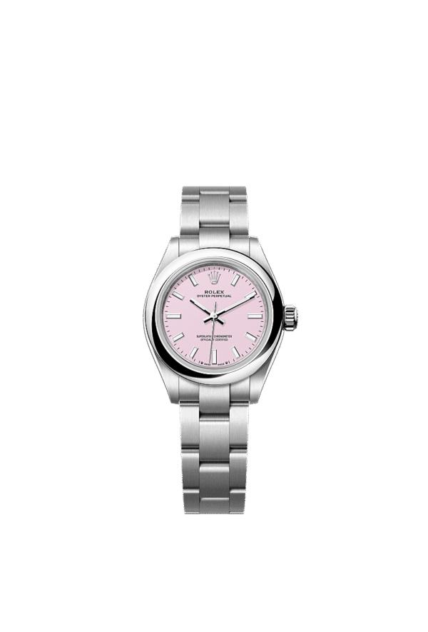 Unworn 2025, Rolex Oyster Perpetual, Oystersteel, 28mm, Candy pink dial, Domed Oyster, Ref# 276200-0009, box and papers