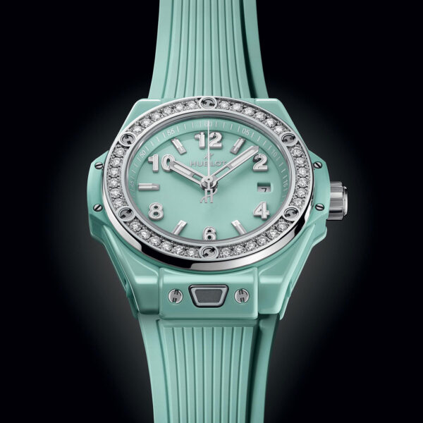 Unworn Hublot Big Bang One Click Mint Green Ceramic Diamonds 33, 485.GS.5271.RX.1204, box and papers